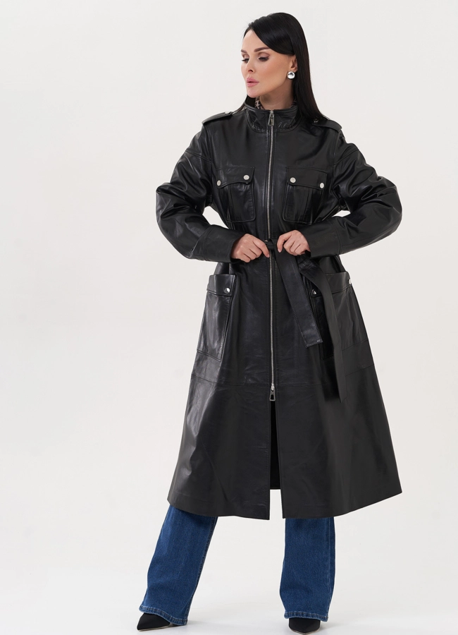 Плащ из натуральной кожи черного цвета модель № 26954 в кредит