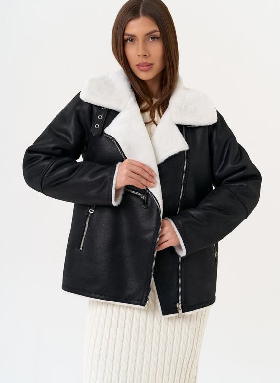 Женская дубленка из эко замши черного цвета