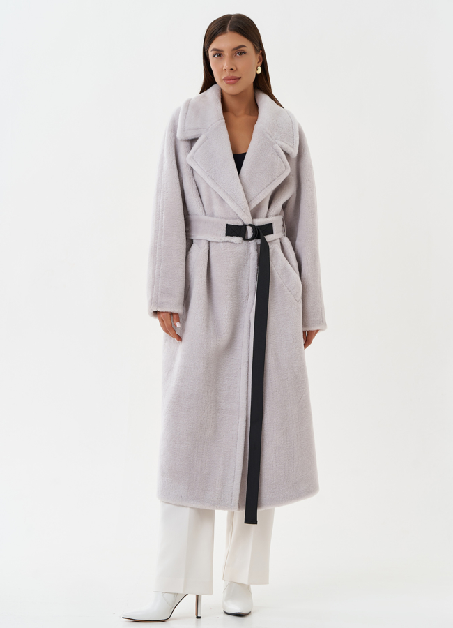 Пальто из шерсти с поясом модель № 28534 меха малина