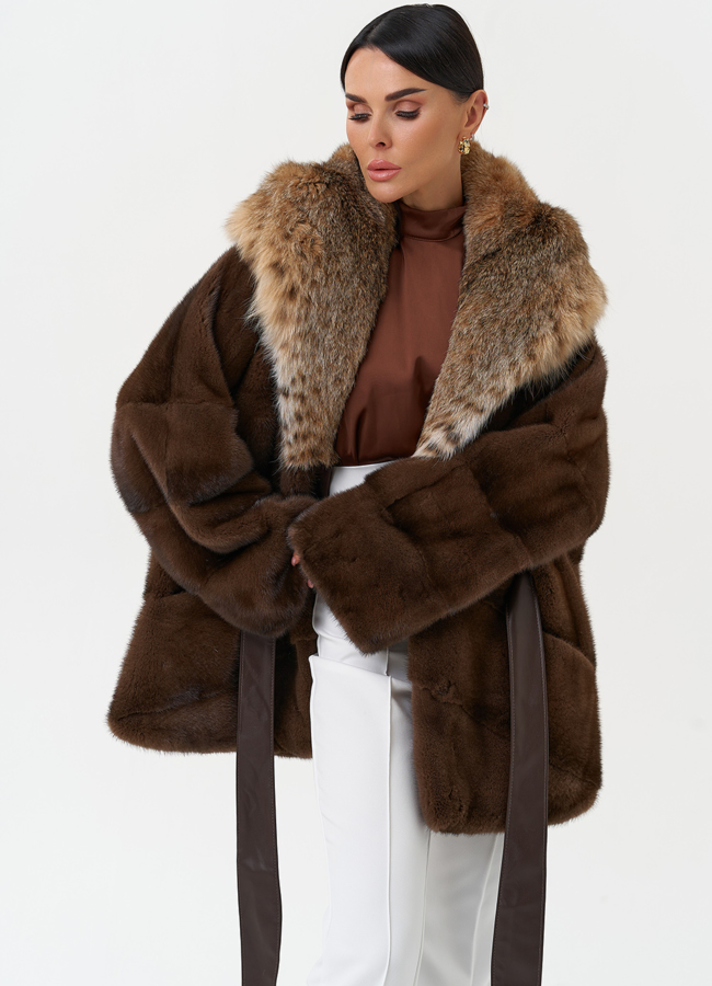 Женская шуба из меха норки с капюшоном из меха рыси модель № 31167 универмаг малина