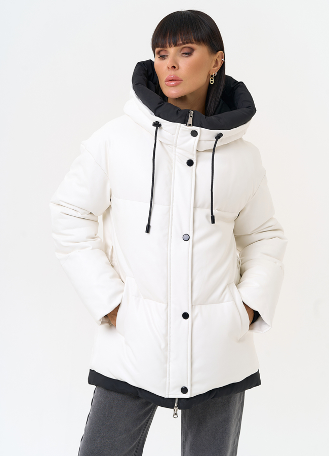 Белый пуховик из эко кожи с поясом модель № 30727 универмаг малина
