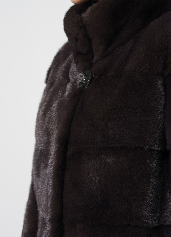 Норковая шуба с воротником стойкой коричневого цвета модель № 26159 универмаг малина