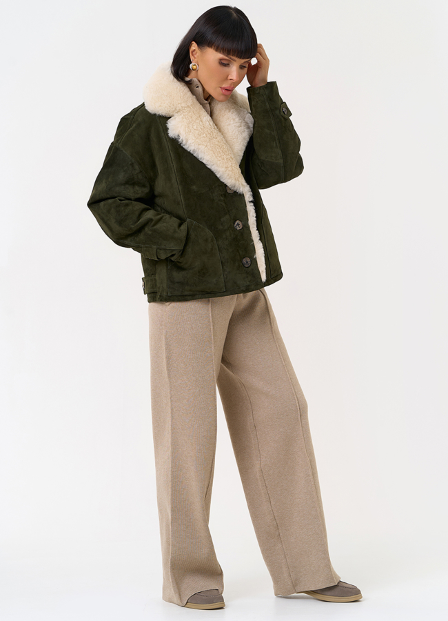 Пуховик из натуральной замши с английским воротником модель № 31565 в рассрочку