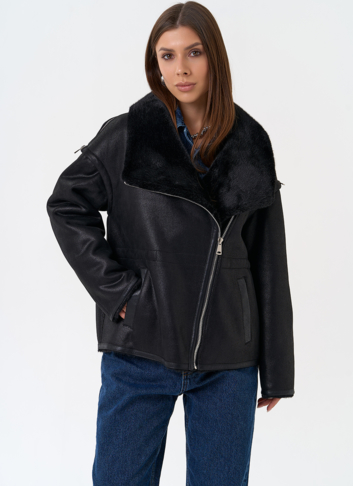 Женская дубленка из эко замши в черном цвете Женская дубленка из эко замши в черном цвете