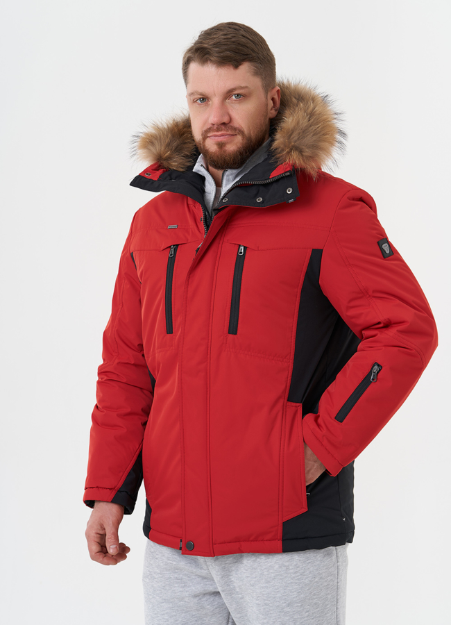 Яркая куртка с капюшоном из меха енота модель № 28277 меха малина