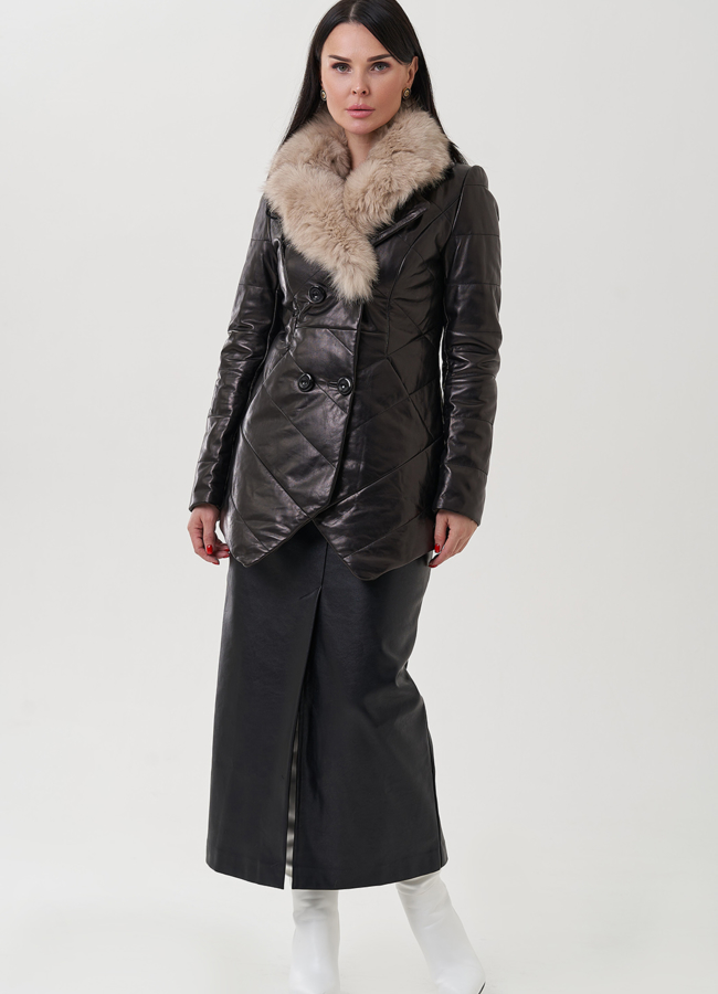 фото Кожаная куртка на пуговицах с английским воротником, отделка песец модель № 17811