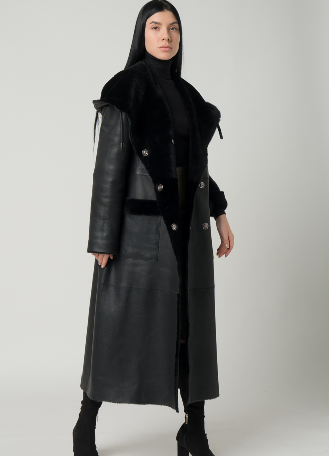 Удлиненная женская дубленка с капюшоном модель № 79587 универмаг малина