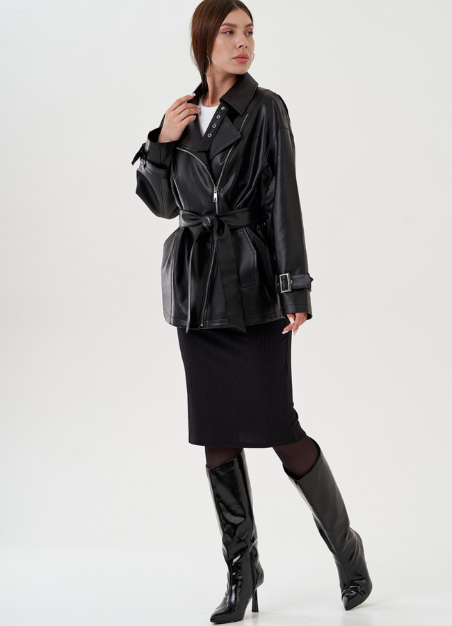 Куртка женская из эко кожи с поясом модель № 81224 меха малина