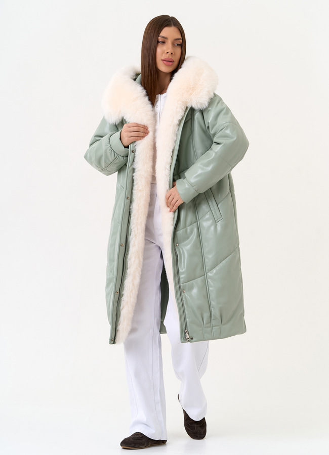 фото Женский пуховик из эко кожи с отделкой из эко меха модель № 30719