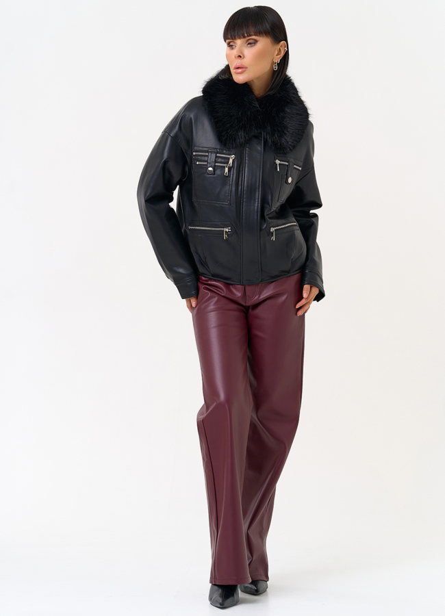 Женская утепленная куртка из эко кожи черного цвета модель № 30703 в кредит