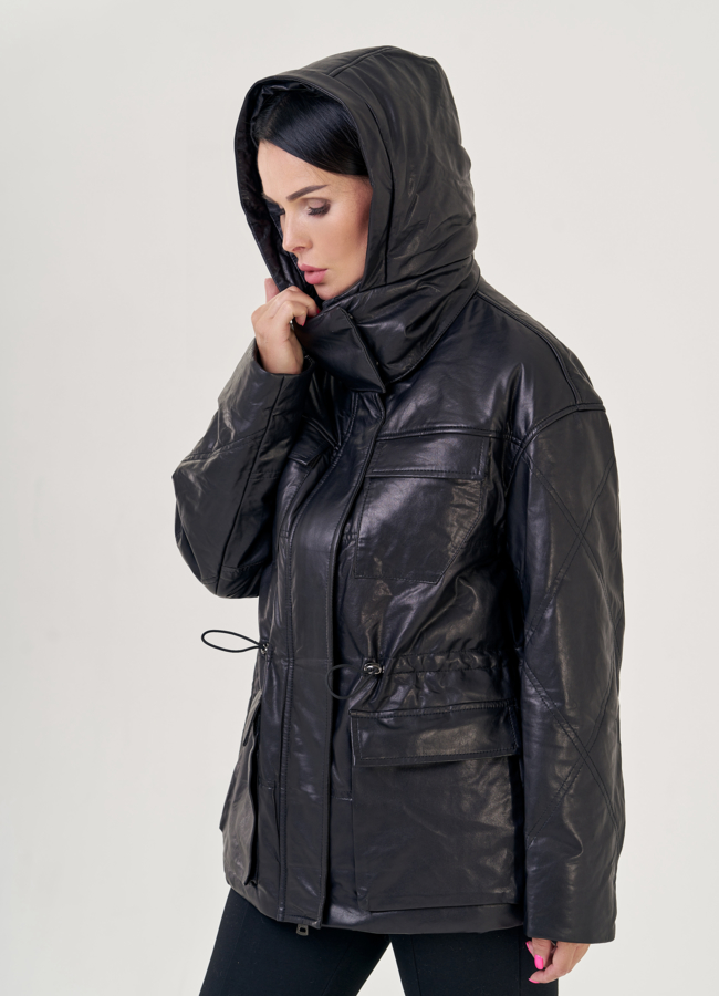 Женская кожаная куртка с капюшоном  модель № 23259 универмаг малина