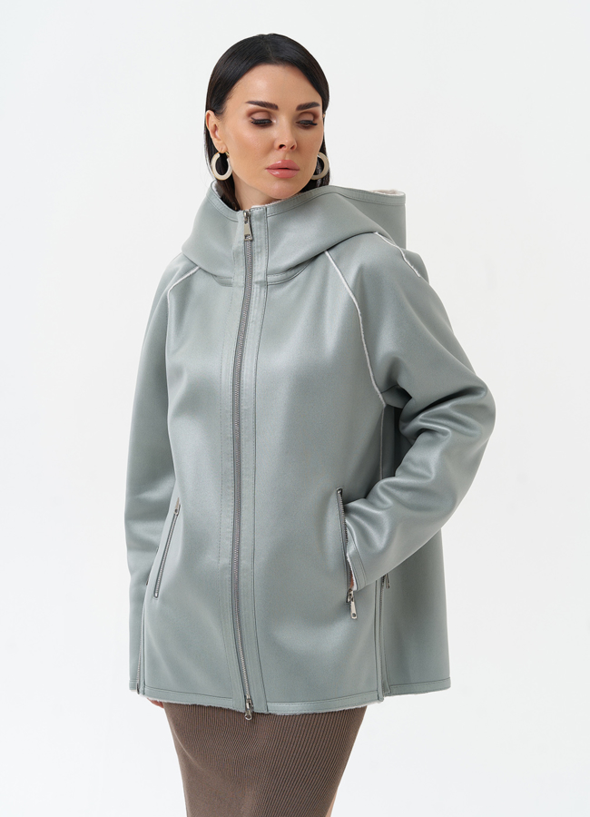 фото Женская дубленка из эко замши с капюшоном модель № 30204