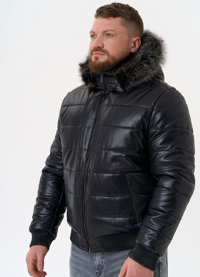 Пуховик из эко кожи черного цвета  модель № 31724 универмаг малина