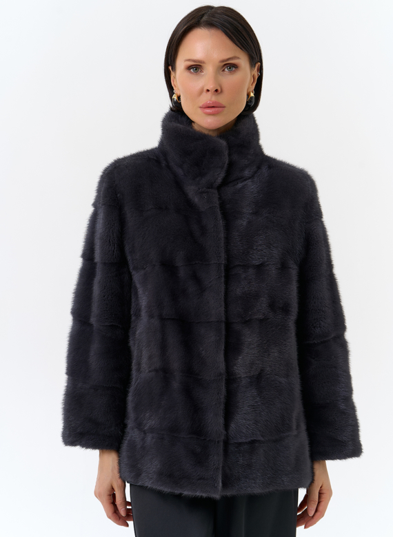 Норковая шуба с воротником стойка в цвете графит